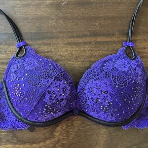 Victoria's Secret Purple Lace Bra with Rhinestones and Black Accents